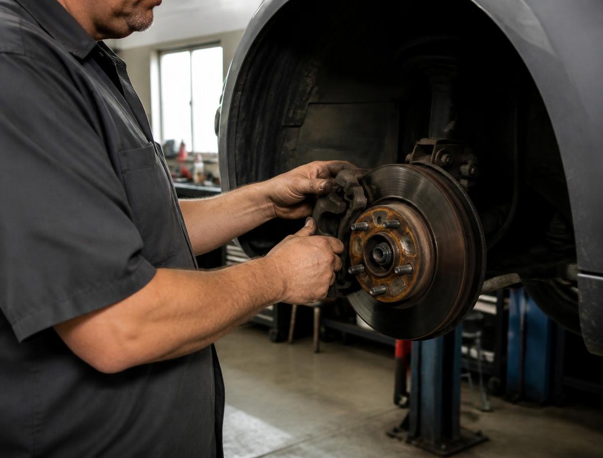 Mechanic carefully inspecting a vehicle brake assembly
